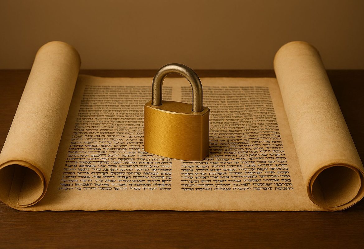 Um cadeado dourado sobre um rolo de Torá ou livro aberto